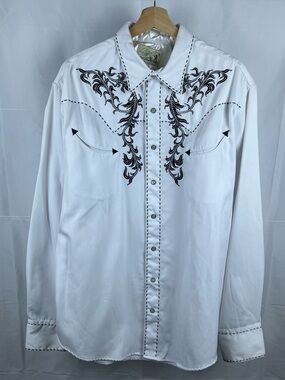 Roper Western Shirt Mens XL White Embroidered Pearl Snap Smile Pockets